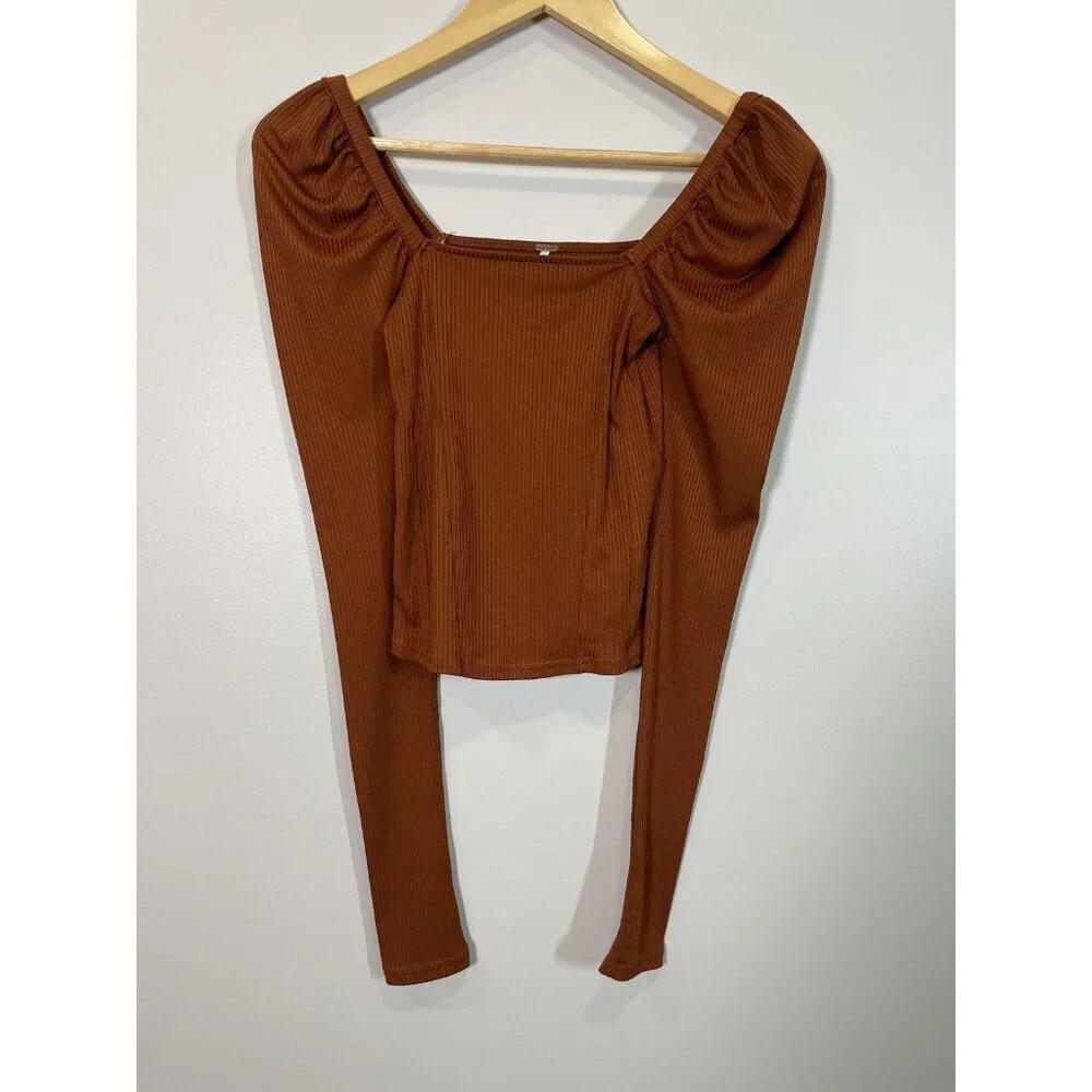 Free People Ribbed Long Sleeve Crop‎ Top Size XS Brown Soft Feminine Casual